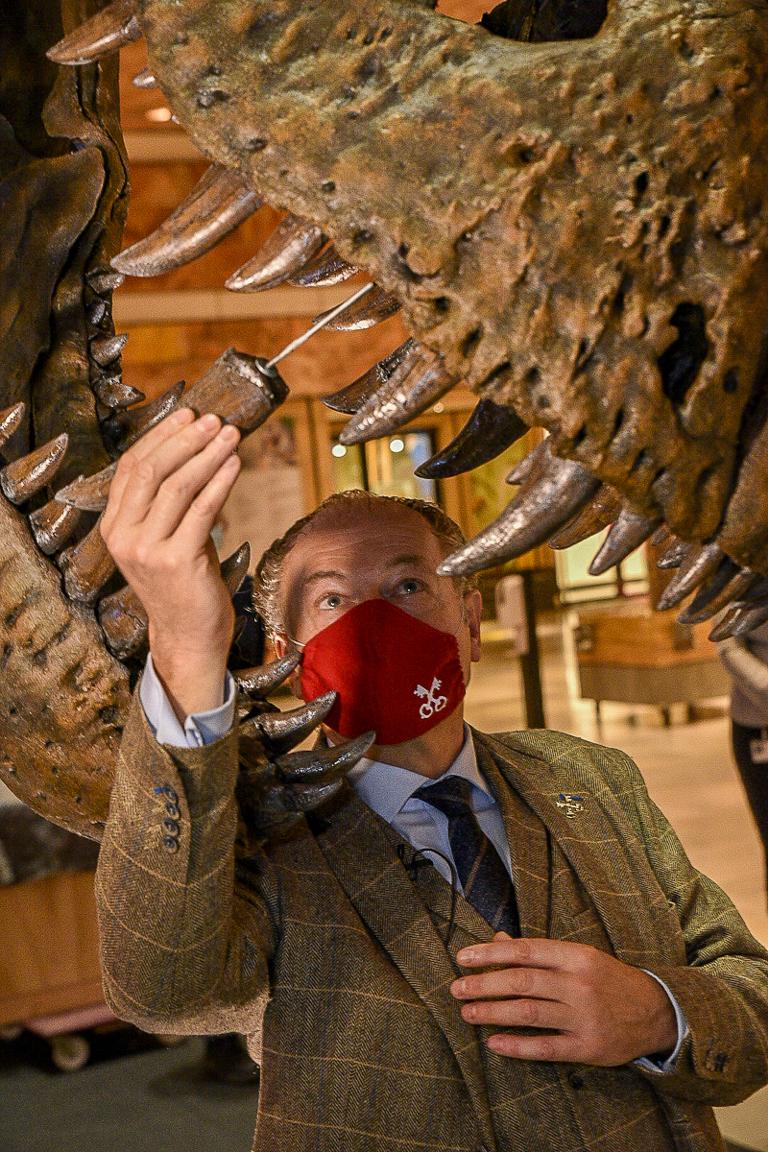 De Leidse burgemeester Henri Lenferink plaatst symbolisch de laatste tand in de ge-3d-printe schedel van Trix.