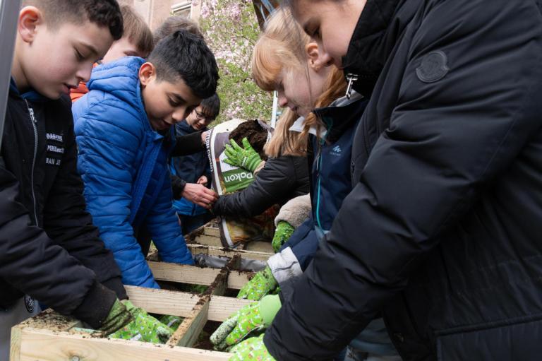 Kinderen verspreiden potgrond